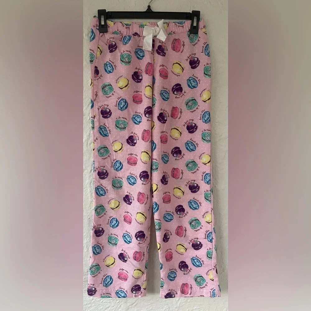 Lands End pink flannel feeling wide leg drawstring pajama pants, macaroons;14